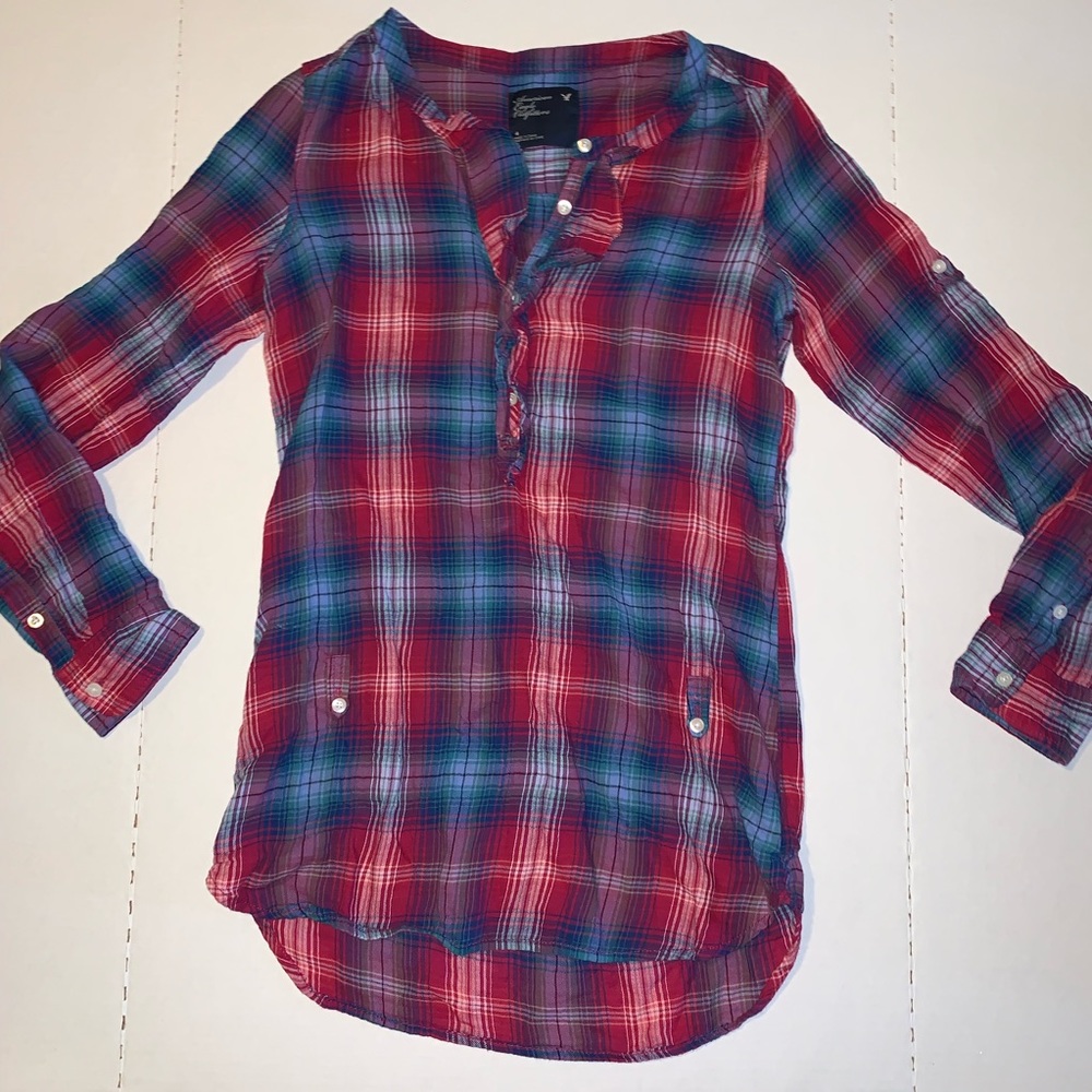 American Eagle Plaid Button Front Ruffle Blouse - image 2